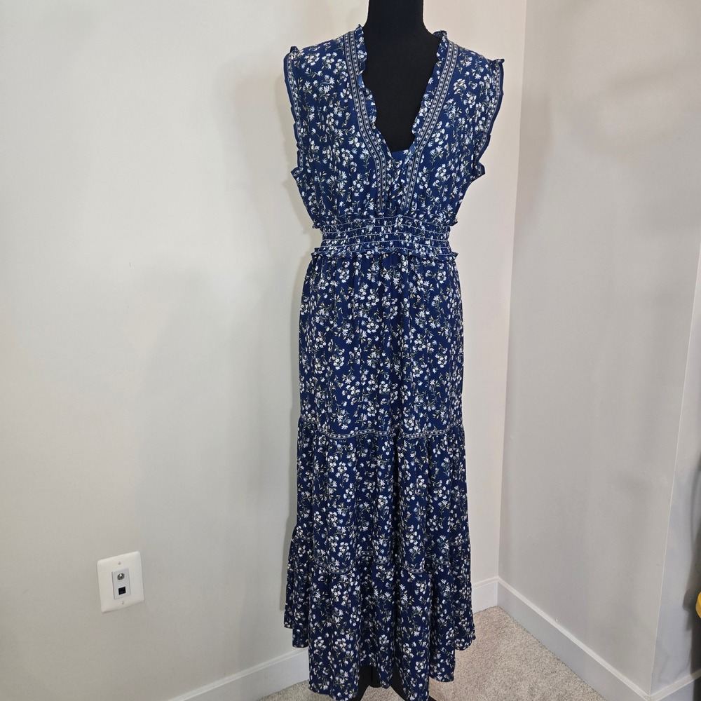 Max‎ Studio Maxi Dress Womens Large Blue NWT Floral  V-Neck Tiered Boho (D9)